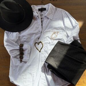 Women's White and Blue Pin Striped Button Down Shirt